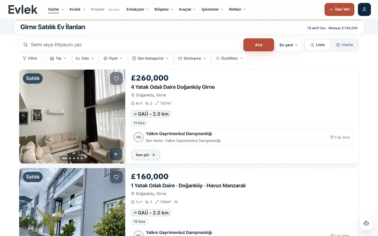 Evlek Girne property results with filters and listing cards