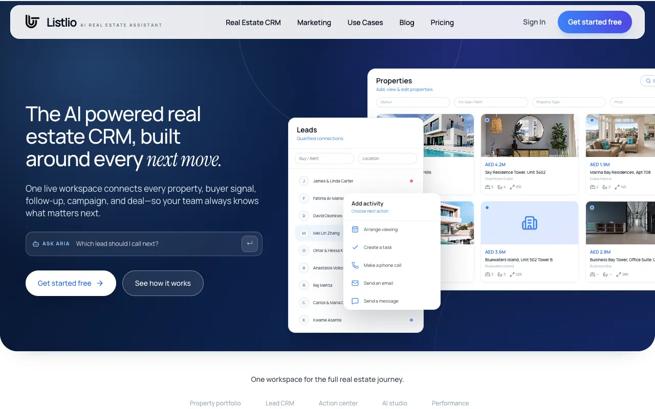 Listlio homepage with connected AI real estate CRM previews