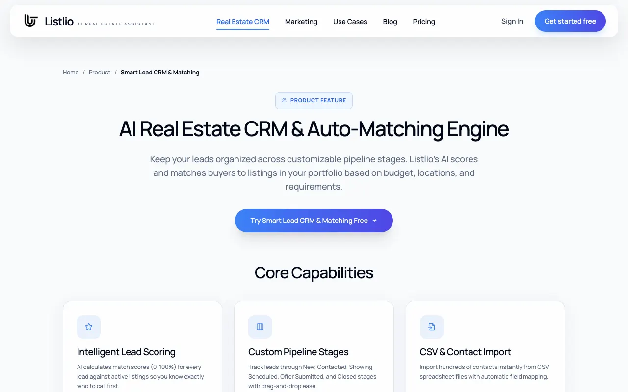 Listlio AI real estate CRM and property matching capabilities