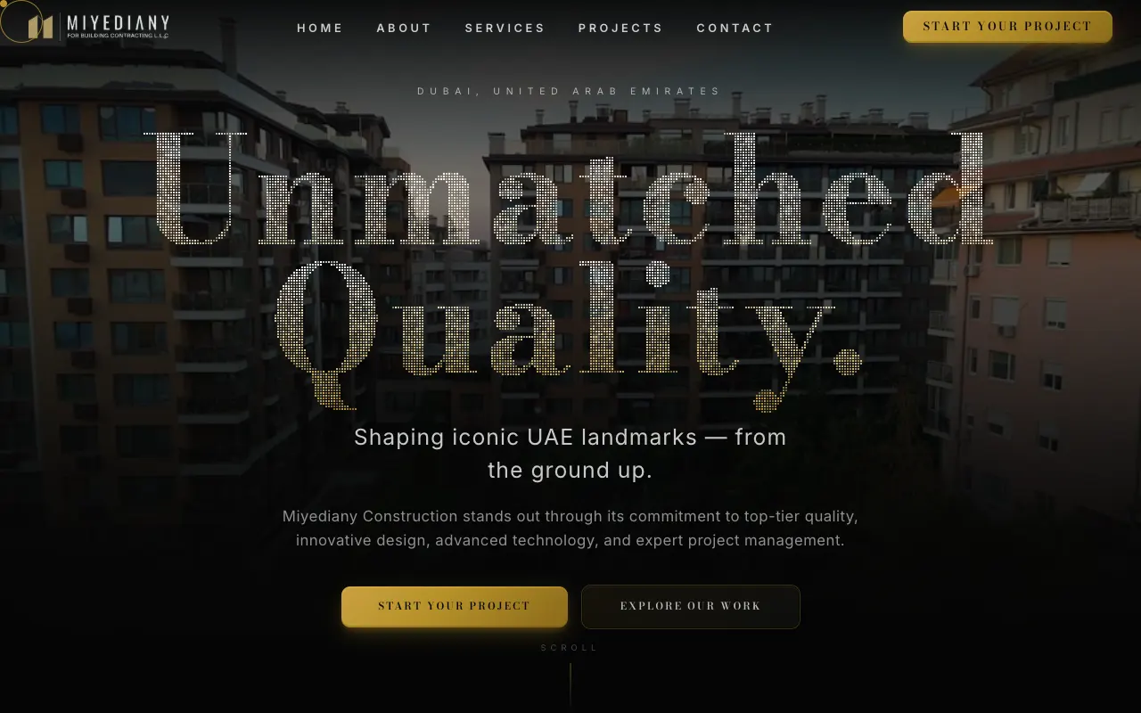 Miyediany Construction homepage over a UAE construction project